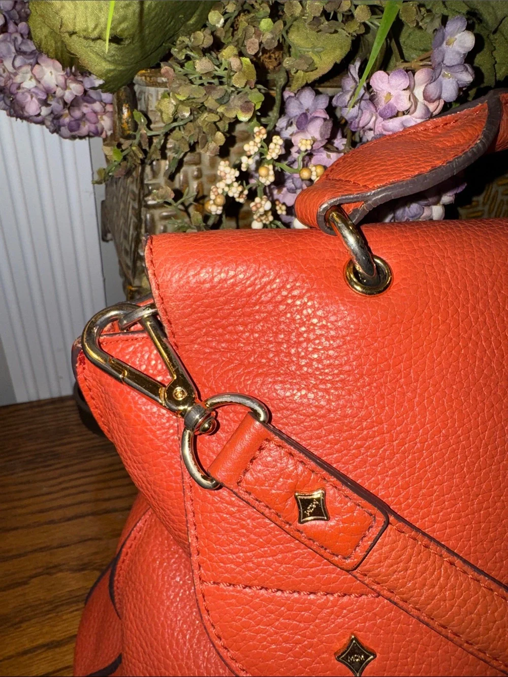 MCM Coral Leather Top-Handle Satchel with Gold Hardware with COA EUC